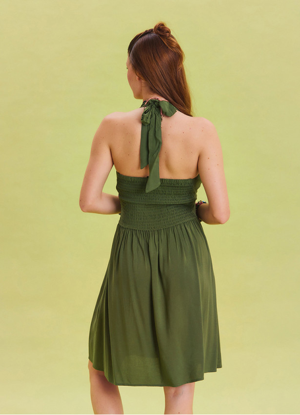 V Neck Halter Khaki Mini Dress 4545